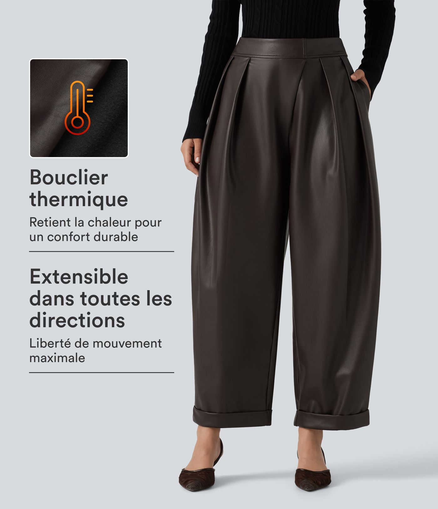 Pantalon en simili stretch doublé polaire taille haute coupe barrel avec poches