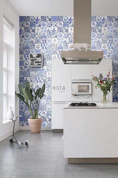 ESTAhome papier peint intissé XXL carrelage bleu indigo 50 x 900 cm