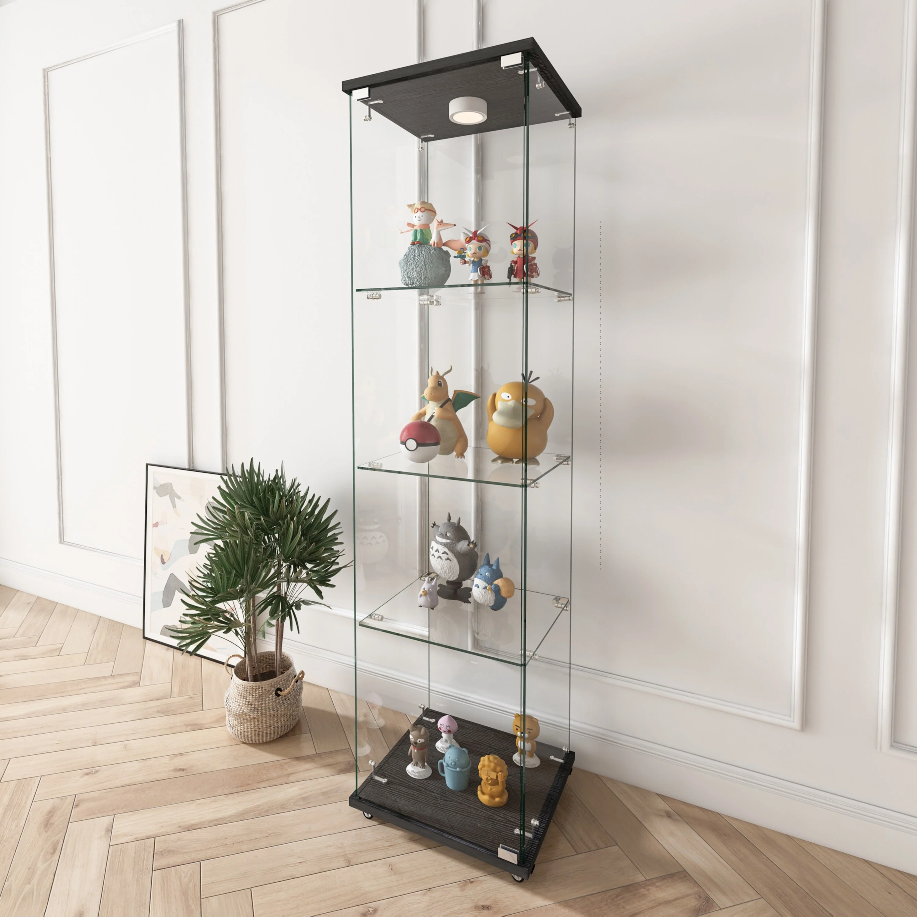 Modern Glass Display Cabinet with LED lights, Quick-assembly Antique Cabinet, Tempered Glass Bookshelf
