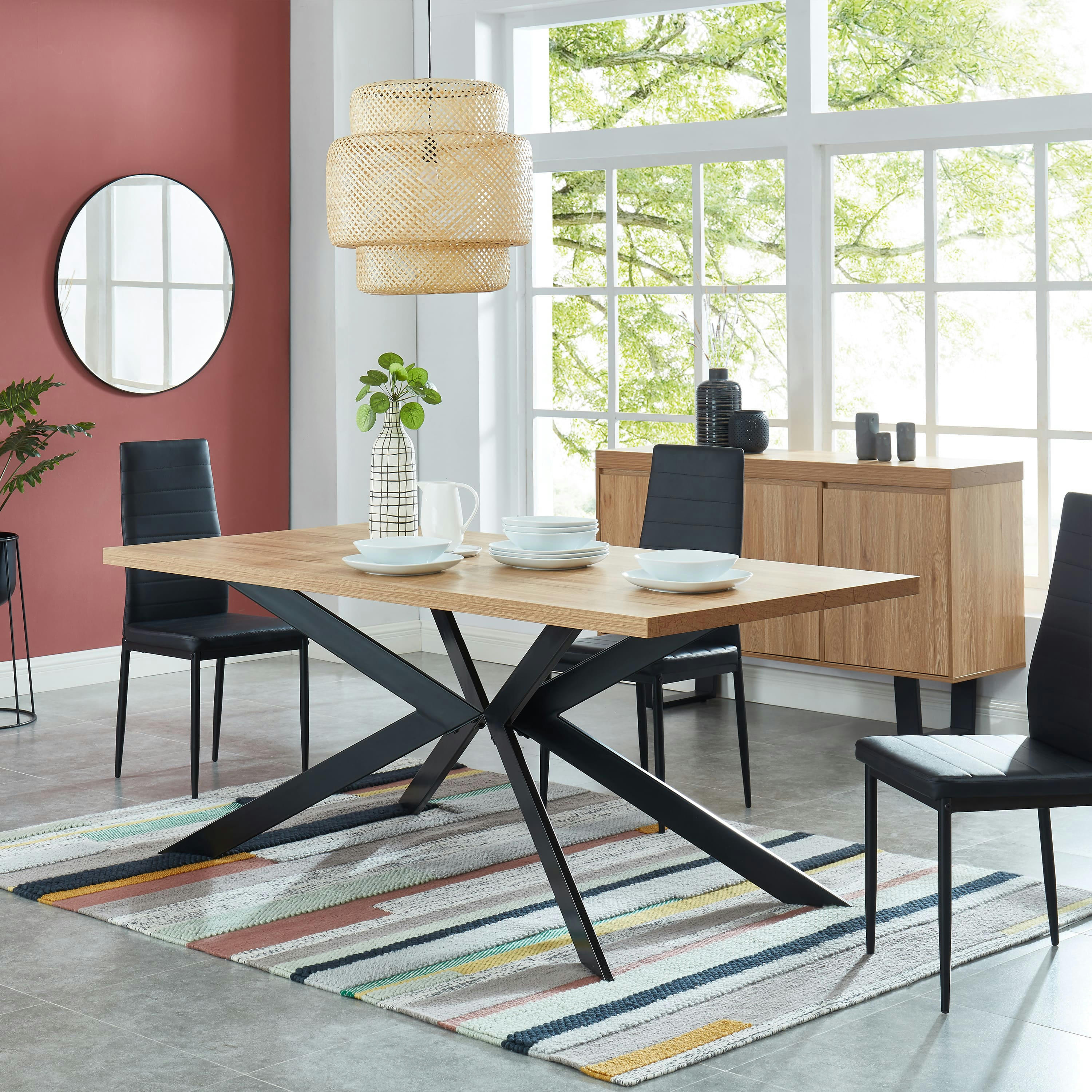 FELIX - Table à manger   effet chêne et métal noir  pieds en x 180cm