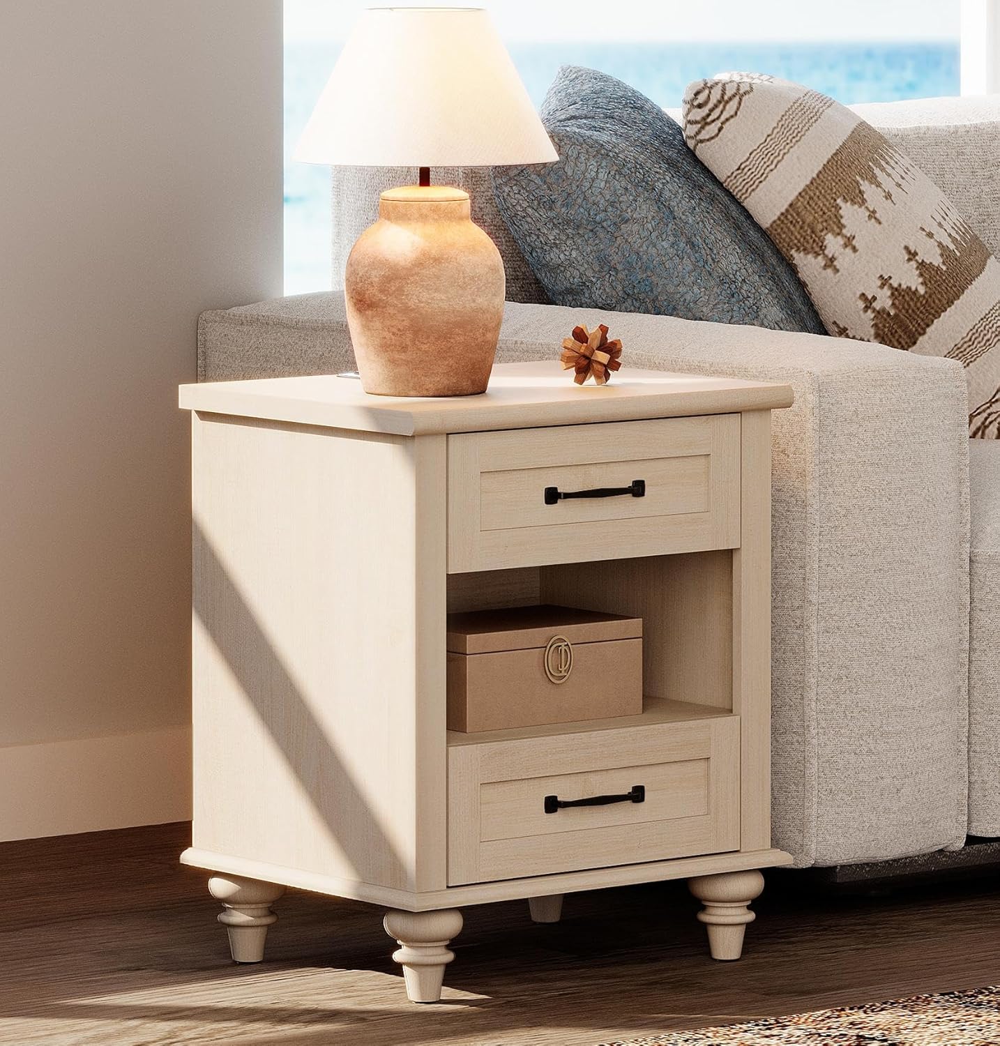 WAMPAT Mid Century End Table Nightstand with Charging Station, Small Side Table with 2 Drawers & Storage Shelf for Living Room, Light Wood Night Stand Bedside Table for Bedroom, Beige