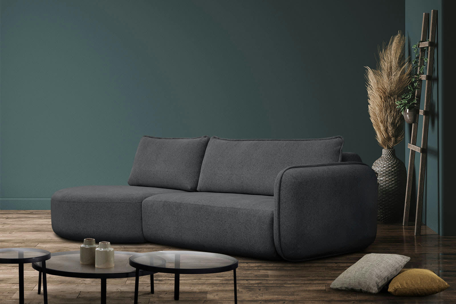 IPSUM - Canapé d'angle gauche 3 places avec l'île tissu noir