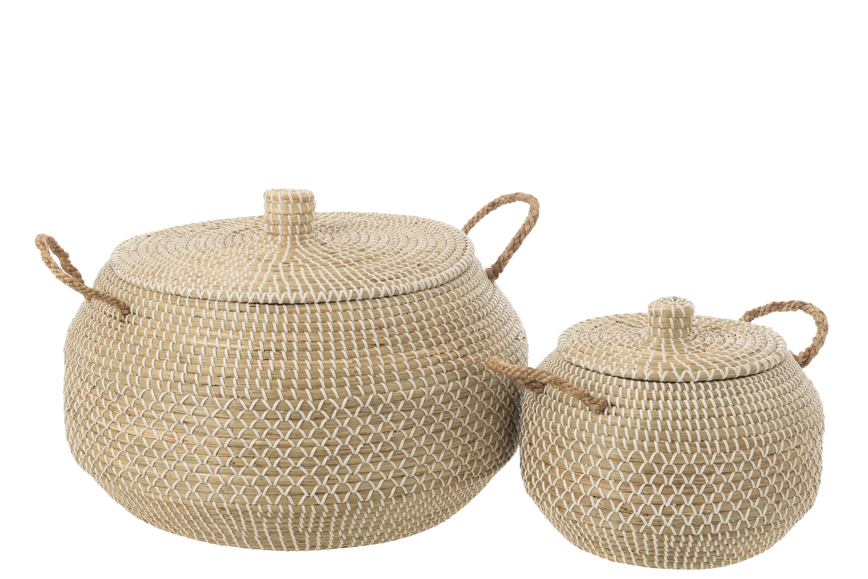 J-Line mand Handvat + Deksel - zeegras - naturel wit - set v