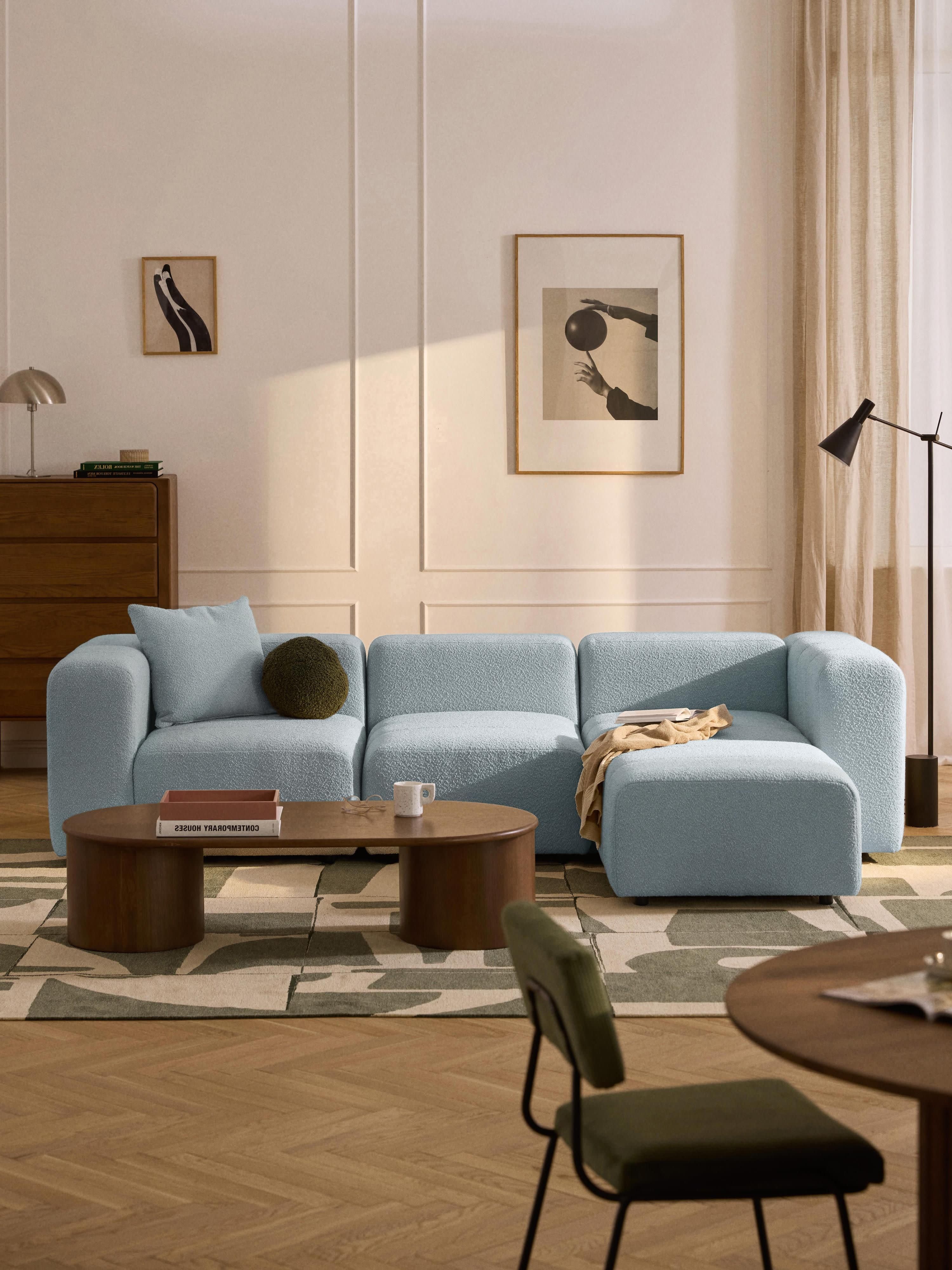 Modulares Bouclé-Sofa Lena (4-Sitzer) mit Hocker (links/rechts)