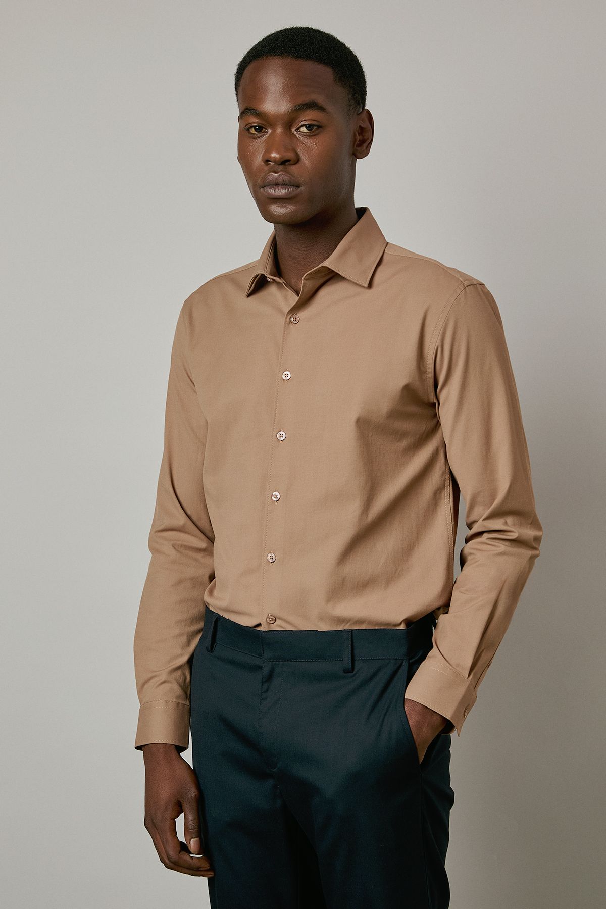 Burton Tan Easy Iron Slim Fit Long Sleeve Shirt