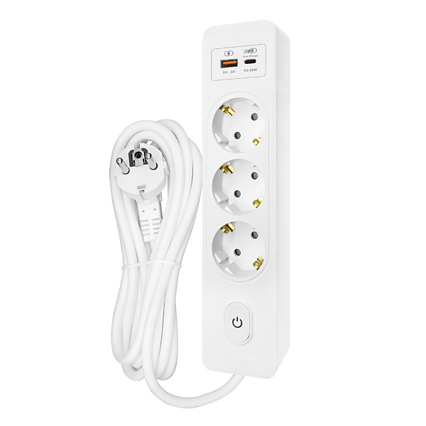 Multiprise SELDUR G3TH22B, 3 prises type F   interrupteur, USB A C charge rapide 20W, Blanc, câble 2m