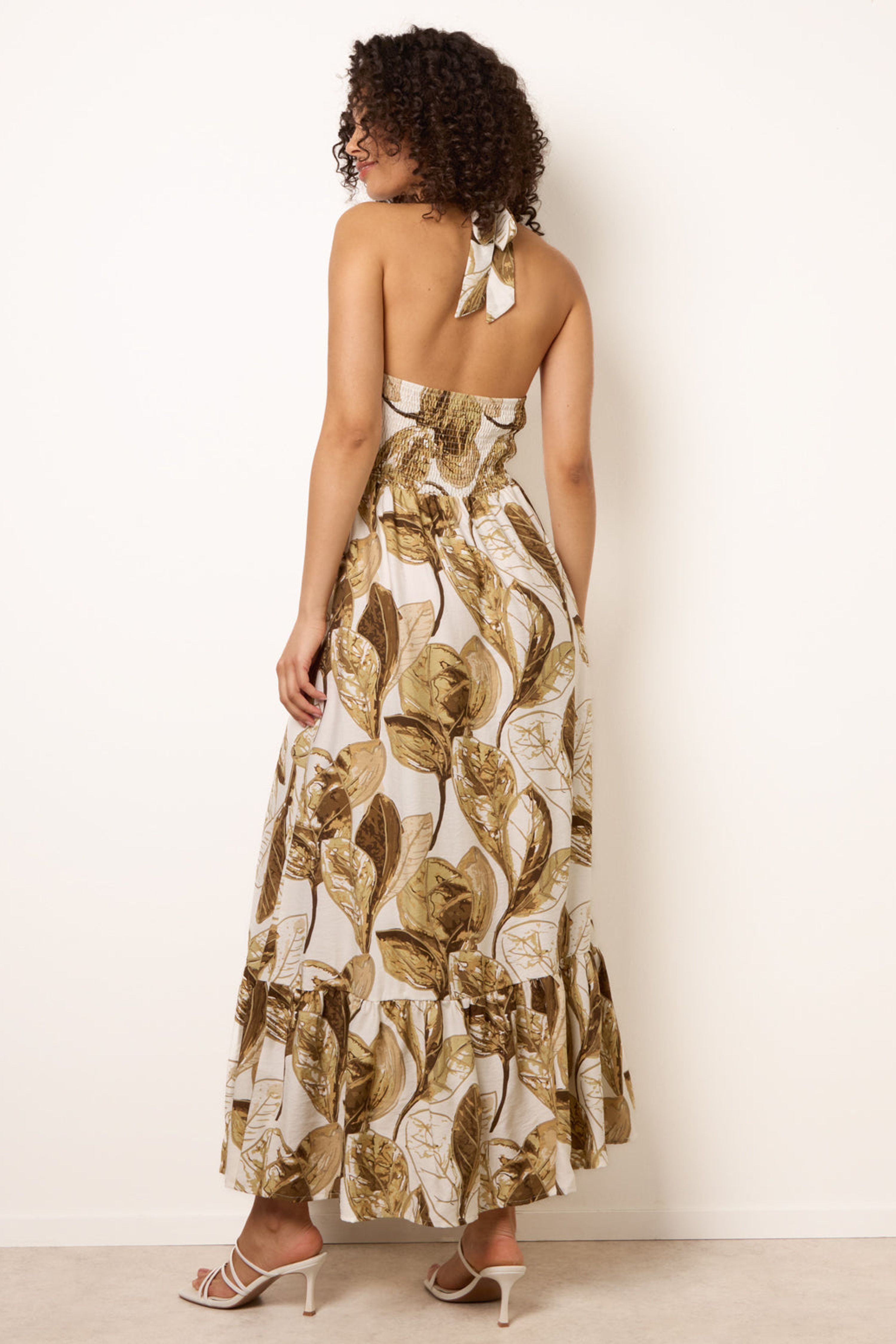 Blue Vanilla Brown Leaf Print Halter Neck Dress