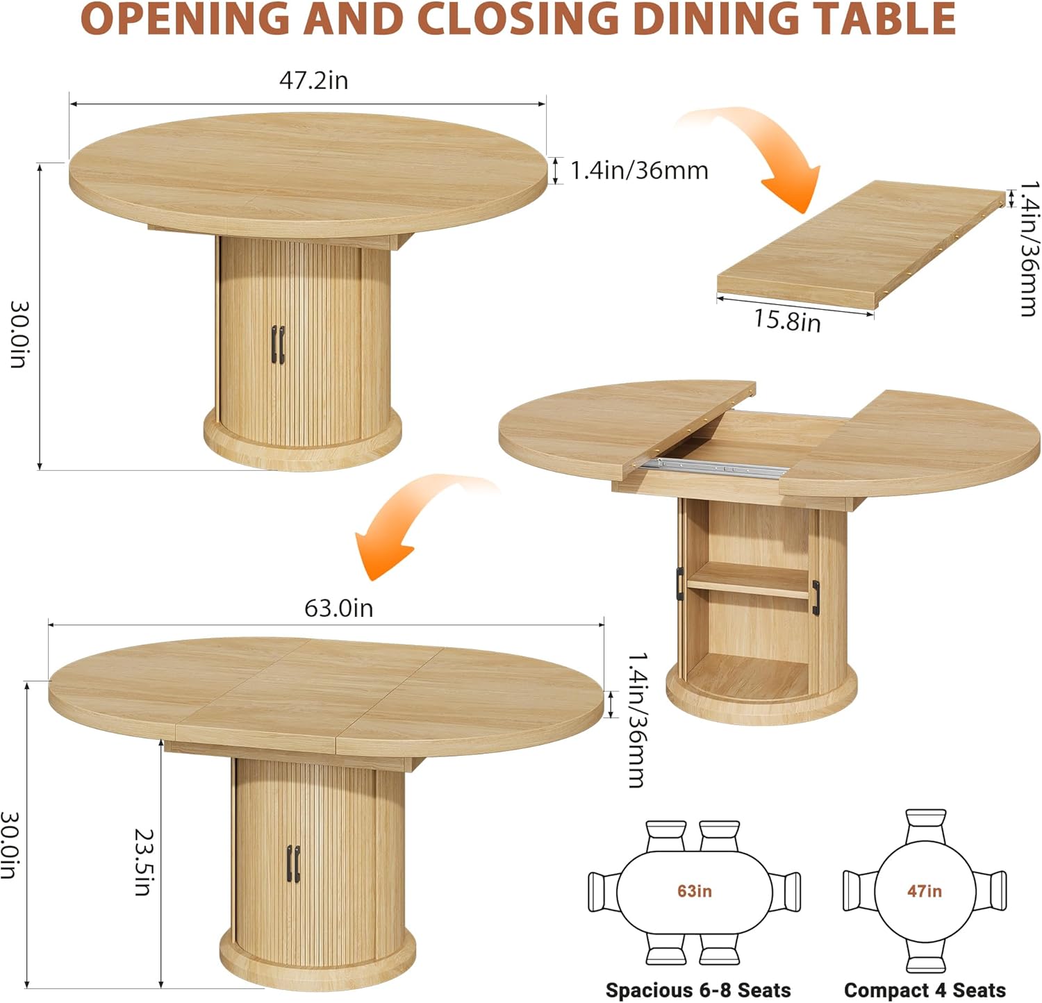 Jocoevol 47″–63″ Extendable Round Dining Table for 4–8 with Dust-Proof 2-Tier Storage Shelf Space-Saving Expandable Dining Room Table Wood Oval Circle Dining Table with Pedestal Base (Natural)