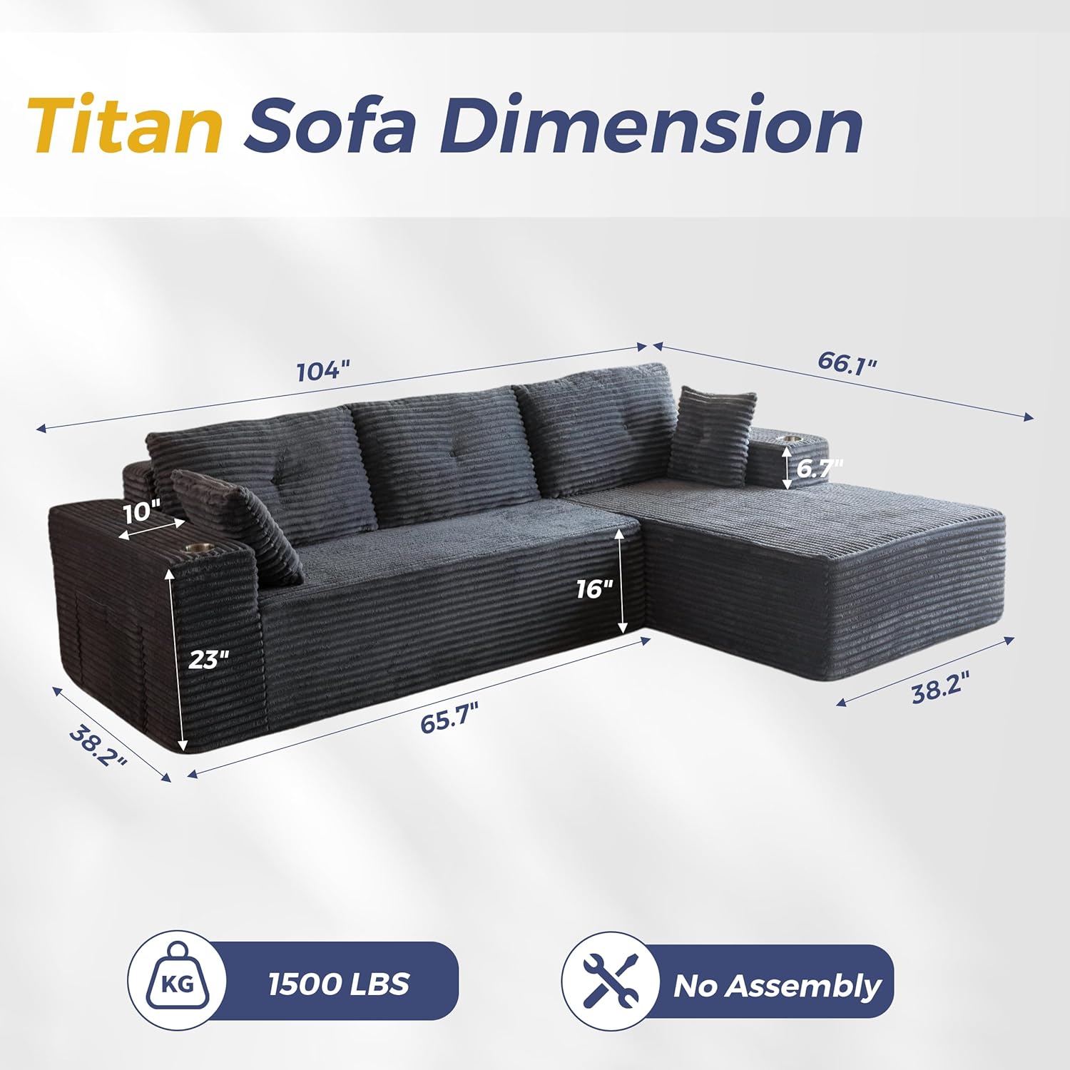 MAXYOYO 104 Modular Sectional Couch with L-Shape Chaise, Modern Boneless Couch for Living Room, Sofa in A Box, Oversized Sofa Sleeper with Deep Seat, No Assembly Required, Dark Grey