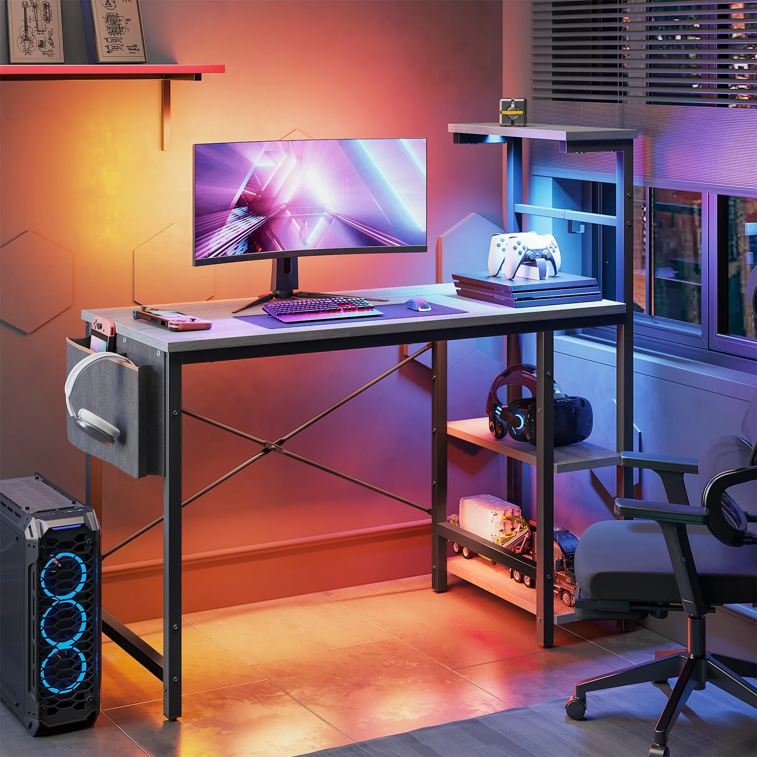 Computer Desk Home Office Desk with LED & Adjustable Shelves