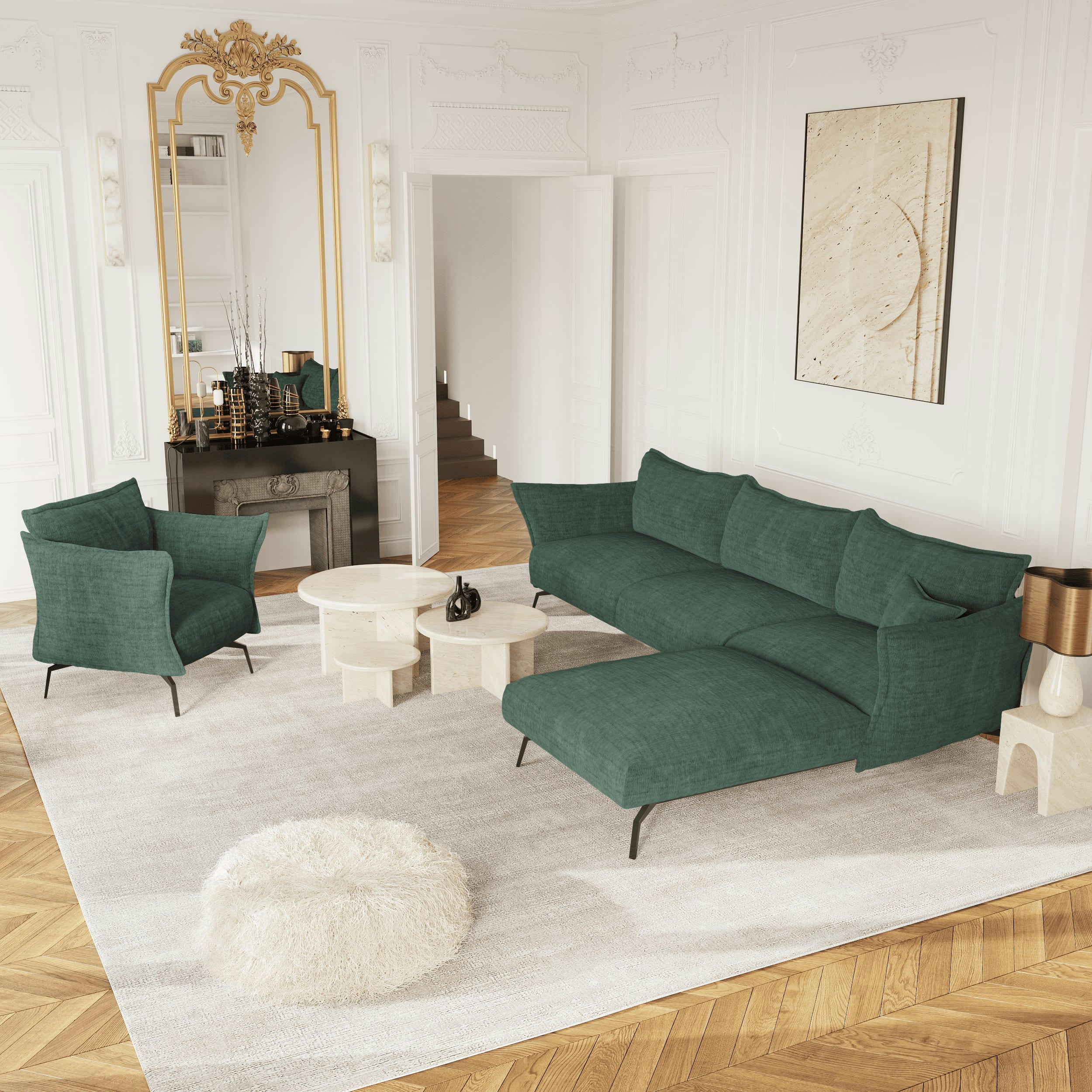 LENNY - Canapé d'angle droit velours texturé vert émeraude