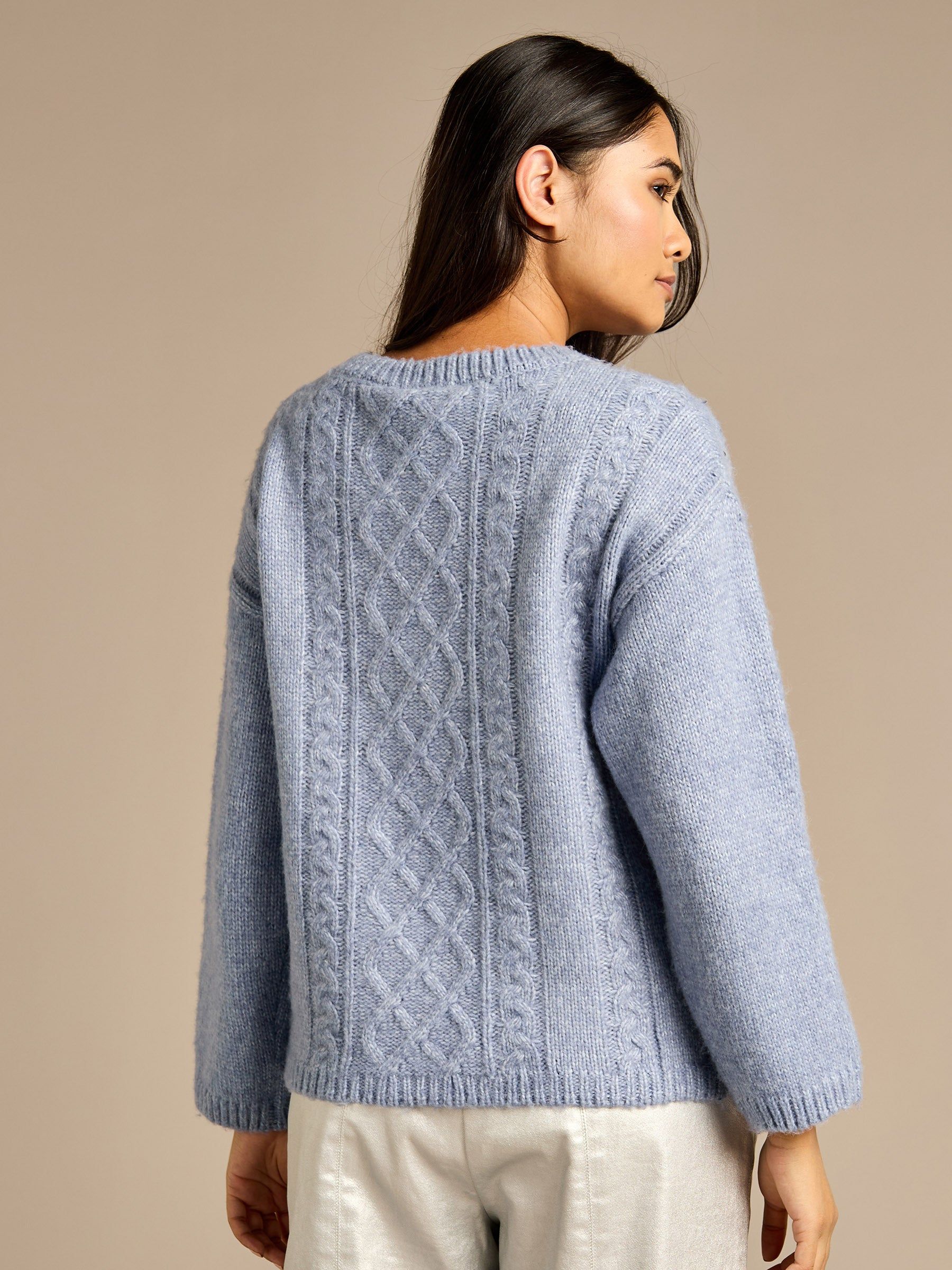 GWD by GEORGE W. DAVIES GWD Jerica Blue Wool Cable Knit Diamante Jumper