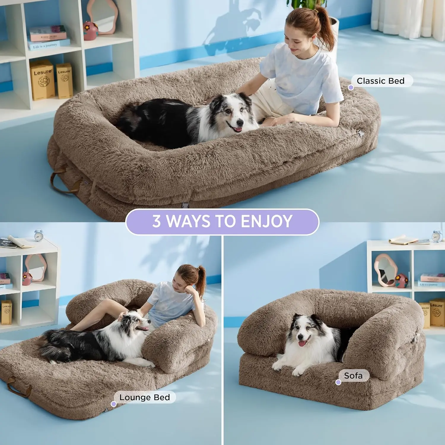 Lesure Luxury Warm Foldable 3-in-1 Flexible Giant Human Dog Bed Cozy Fluffy Faux Fur Lounge Sofa