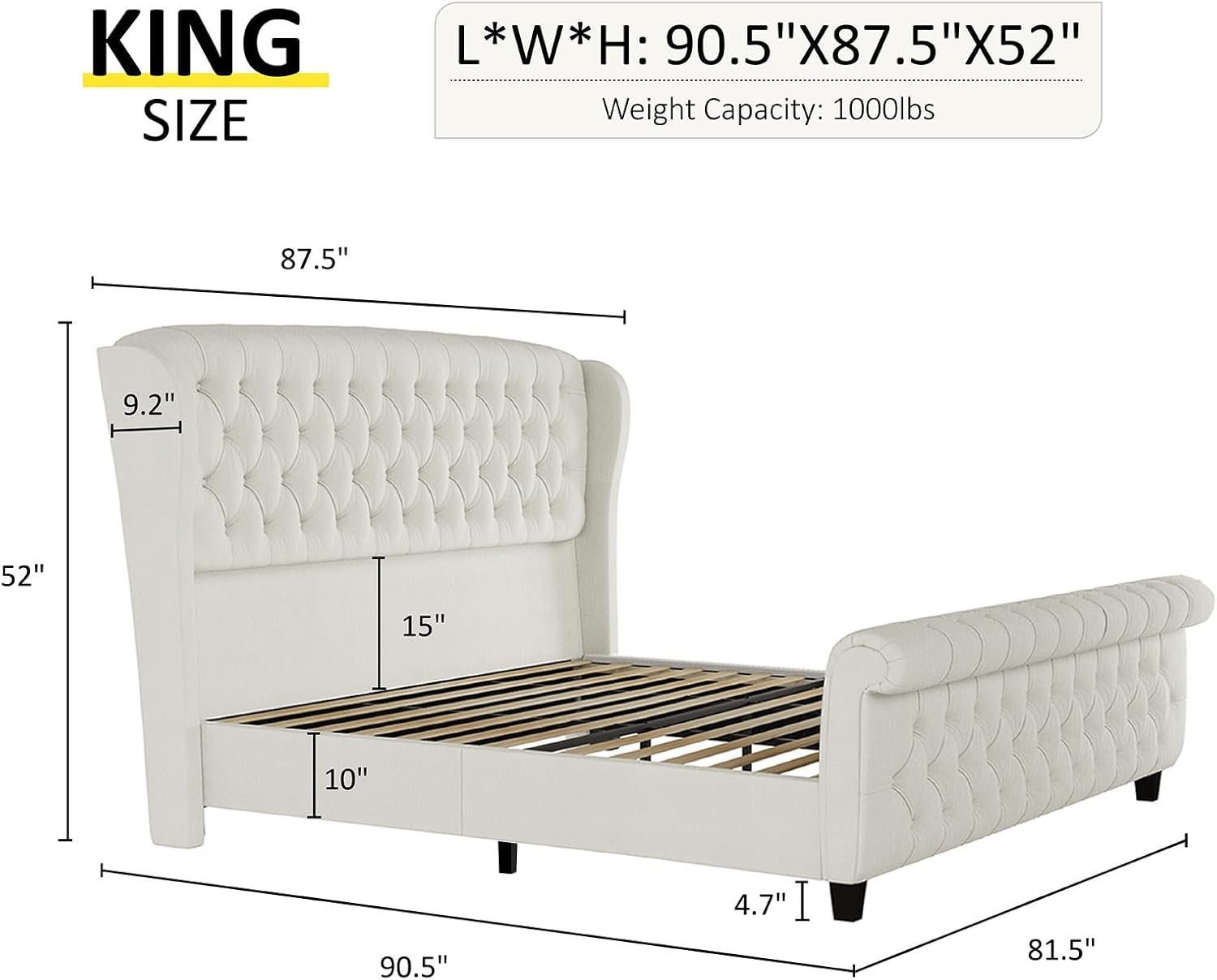 King Size Platform Bed Frame, Chenille Upholstered Sleigh Bed with Curved Headboard & Footboard, Deep Button Tufted, Wood Slats Support, No Box Spring Needed, Cream