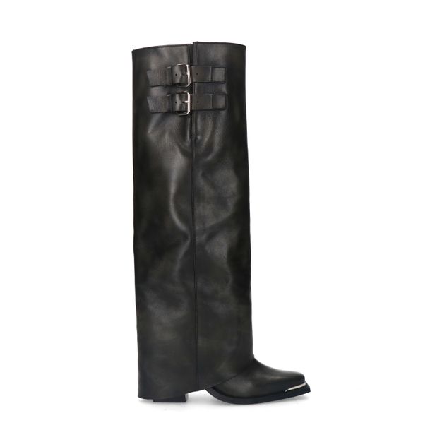 Zwarte hoge leren buckle laarzen met flap