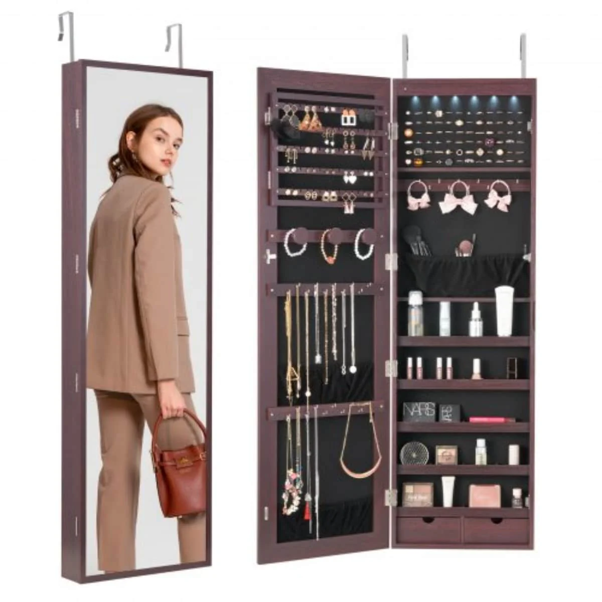 Full Length Mirror Jewelry Cabinet Wall or Door Mounted Organizer - 14.6 x 3.9 x 47.5in