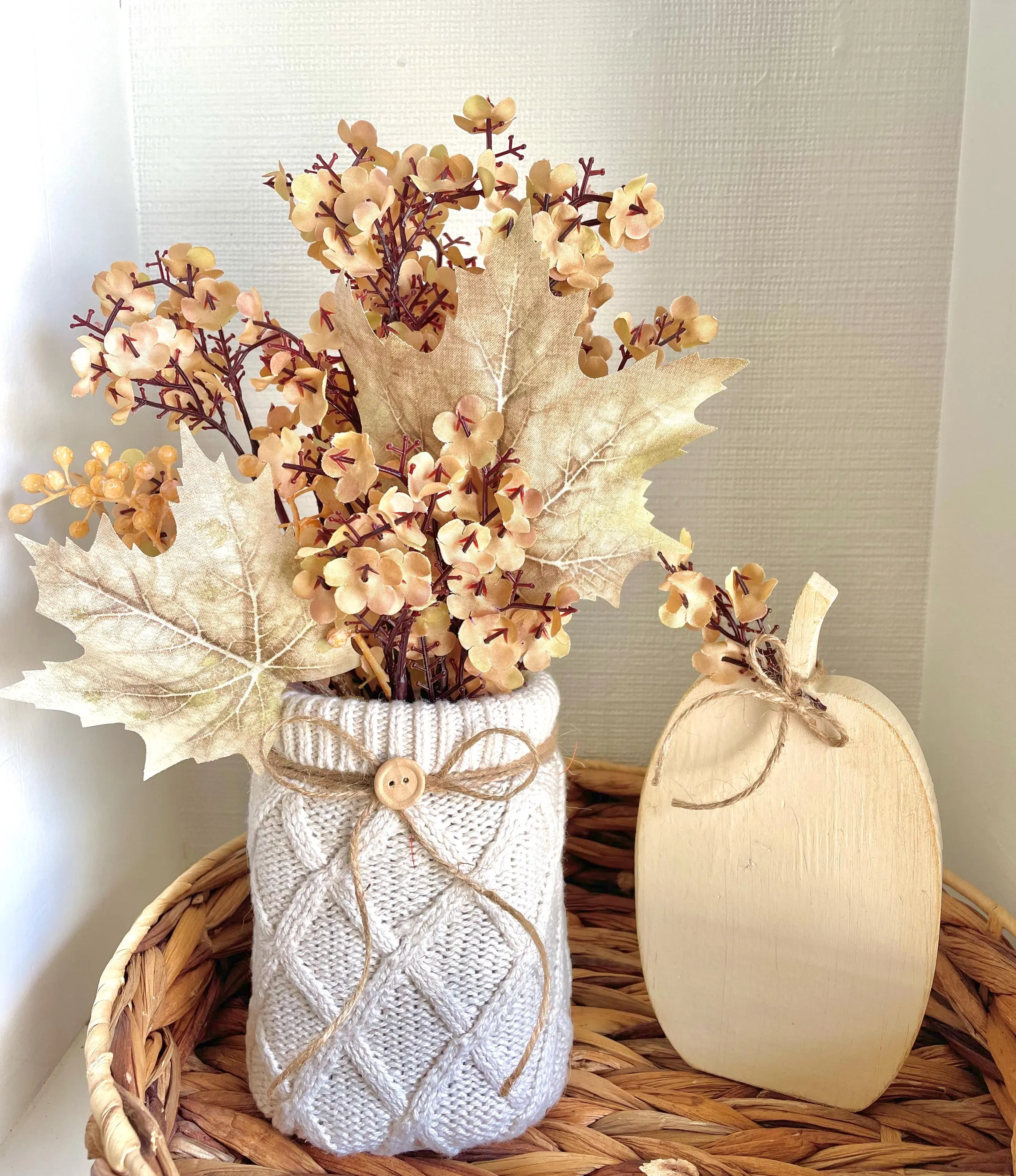 Fall decor sweater vase floral arrangement for tier tray decor, Cream sweater vase and white pumpkin for mantle decor and centerpiece