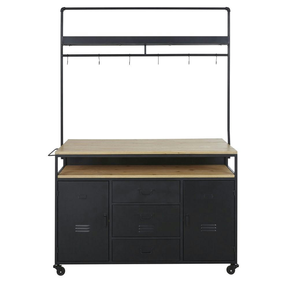 Evrard - Bar 2 portes 3 tiroirs en métal noir et pin massif à roulettes