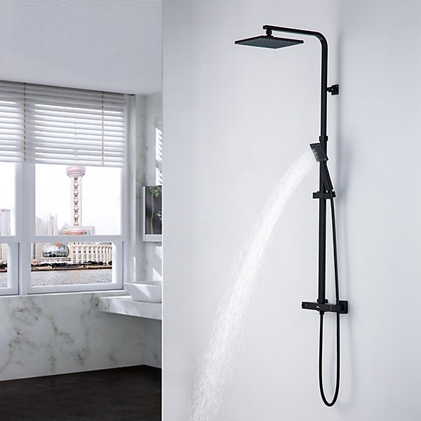 Colonne de Douche Noir avec Mitigeur Thermostatique 2 Fonctions Ensemble de Douche Noir en Laiton, Haute Réglable 110-137 cm