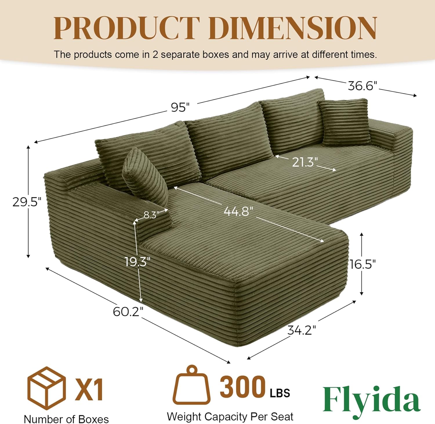 95 Boneless Cloud Sectional Couches for Living Room, Comfy Fluffy L Shaped Memory Foam Deep Seat Boneless Couch, Modular Sectional Sofa with Left Facing Chaise, Olive Green