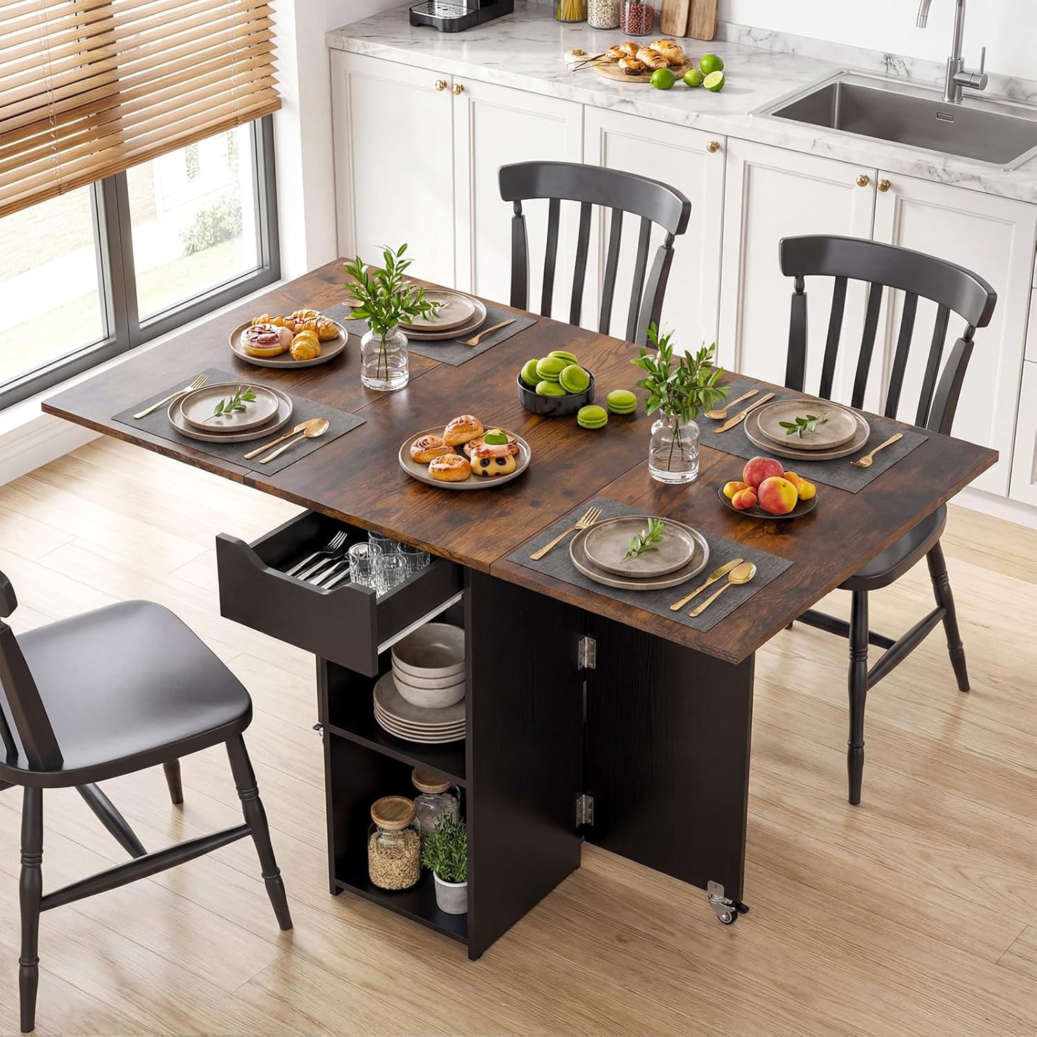 Giantex 47.5 Folding Dining Table for 2-4, Drop Leaf Wooden Dinner Table with 2-Tier Storage Shelf and Drawer, Lockable Wheels, Space Saving Kitchen Tables for Dinette, Small Space (Black+Brown)