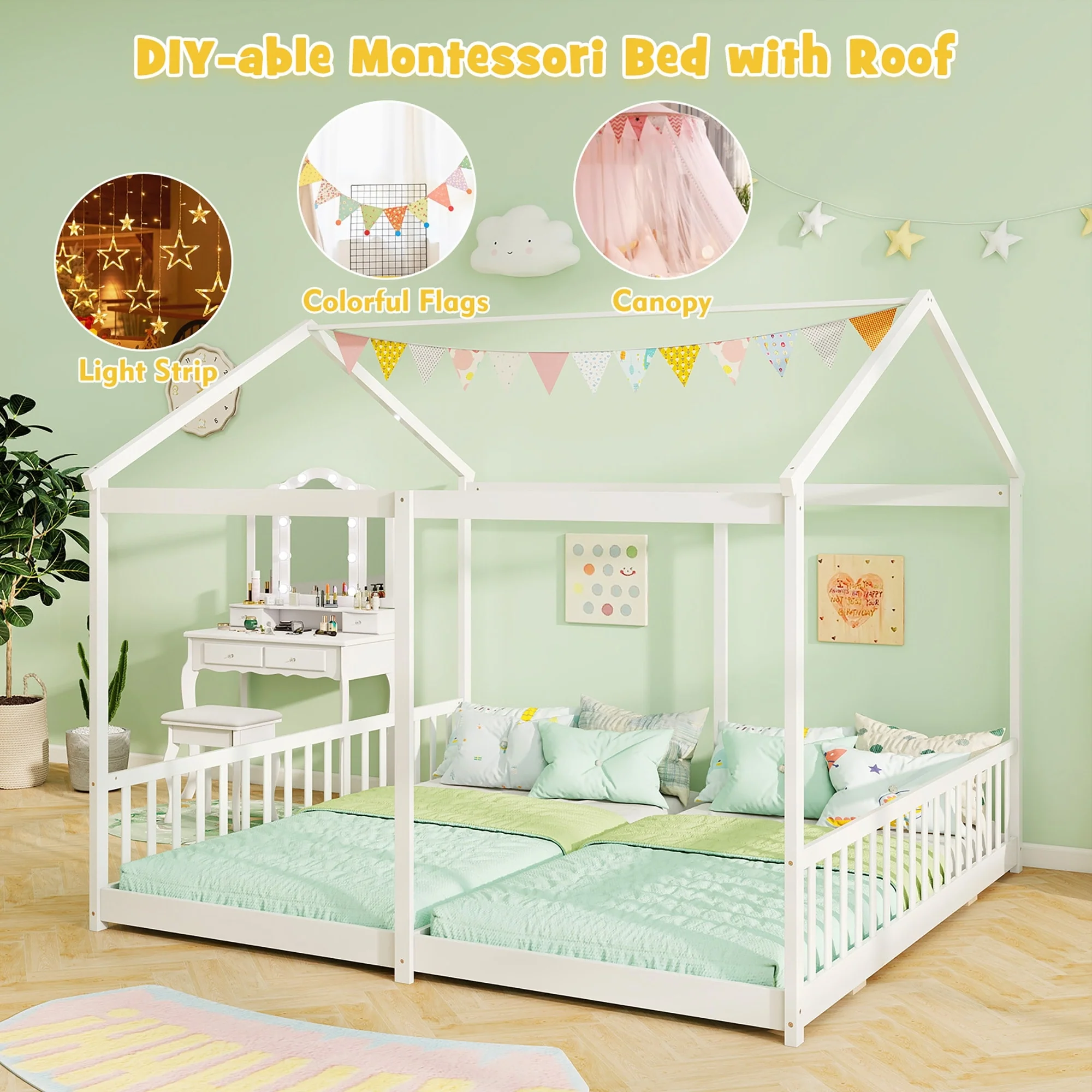 Gymax Double Floor Bed w/ Safety Guardrails No Box Spring Needed for