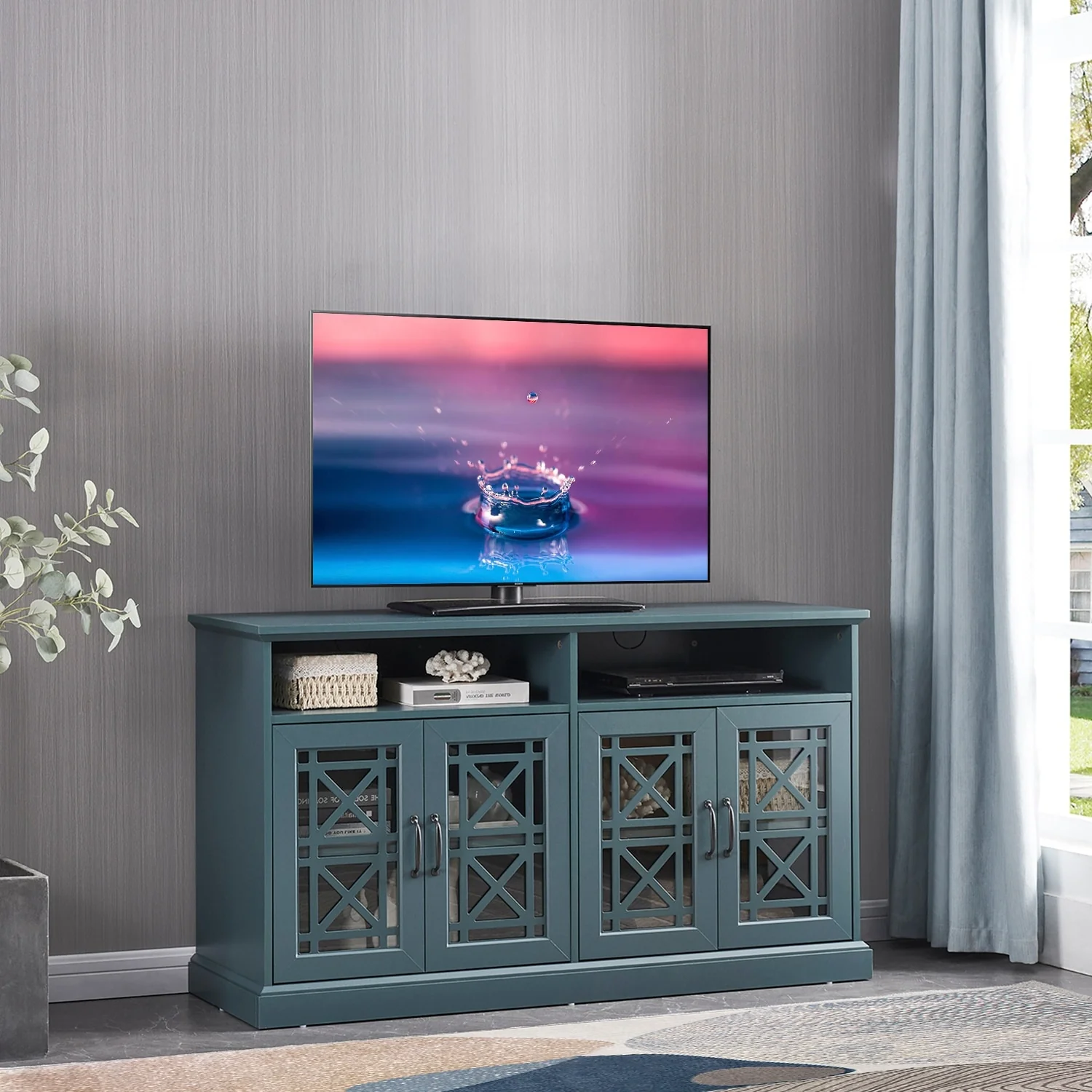 Teal 53 TV Stand with Tempered Glass Doors and 2 Adjustable Shelves for TVs up to 58