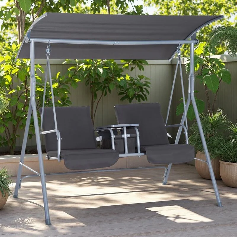 Steel 2-Person Porch Swing with Stand and Canopy - Outdoor Patio Swing with Storage Table and Cup Holders