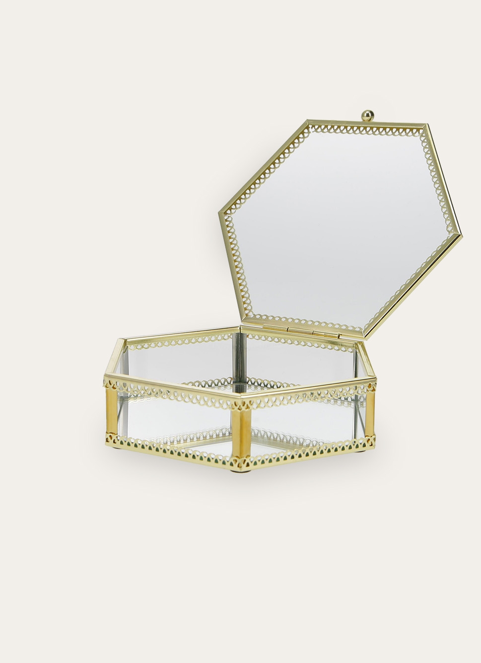BOÎTE HEXAGONALE EN VERRE AVEC STRUCTURE DORÉE TRANSPARENT/DORE