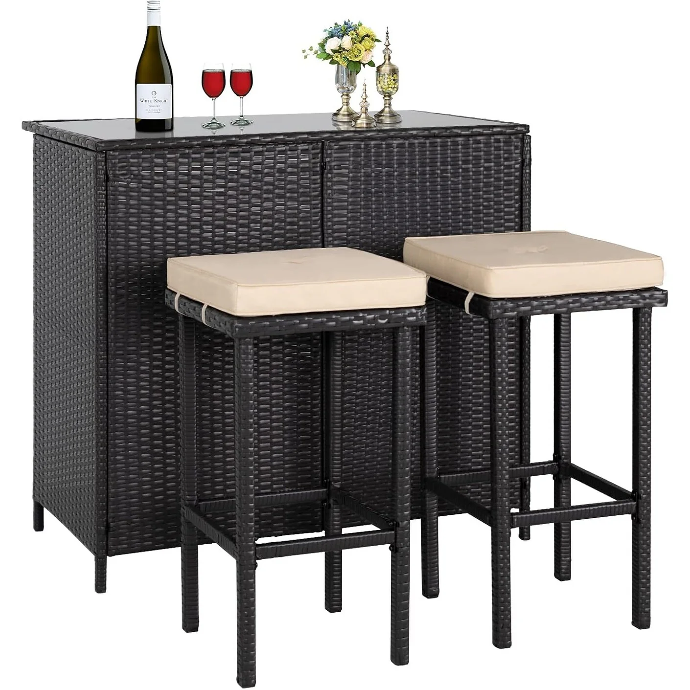 3-Piece Wicker Patio Outdoor Bar Set, 2 Bar Stools and 1 Glass Top Table with Storage Shelves