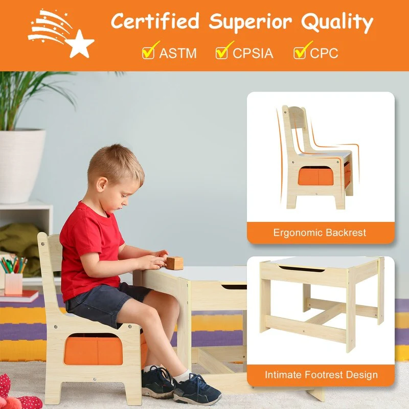3-Piece Kids Wooden Table And Chair Set with Storage