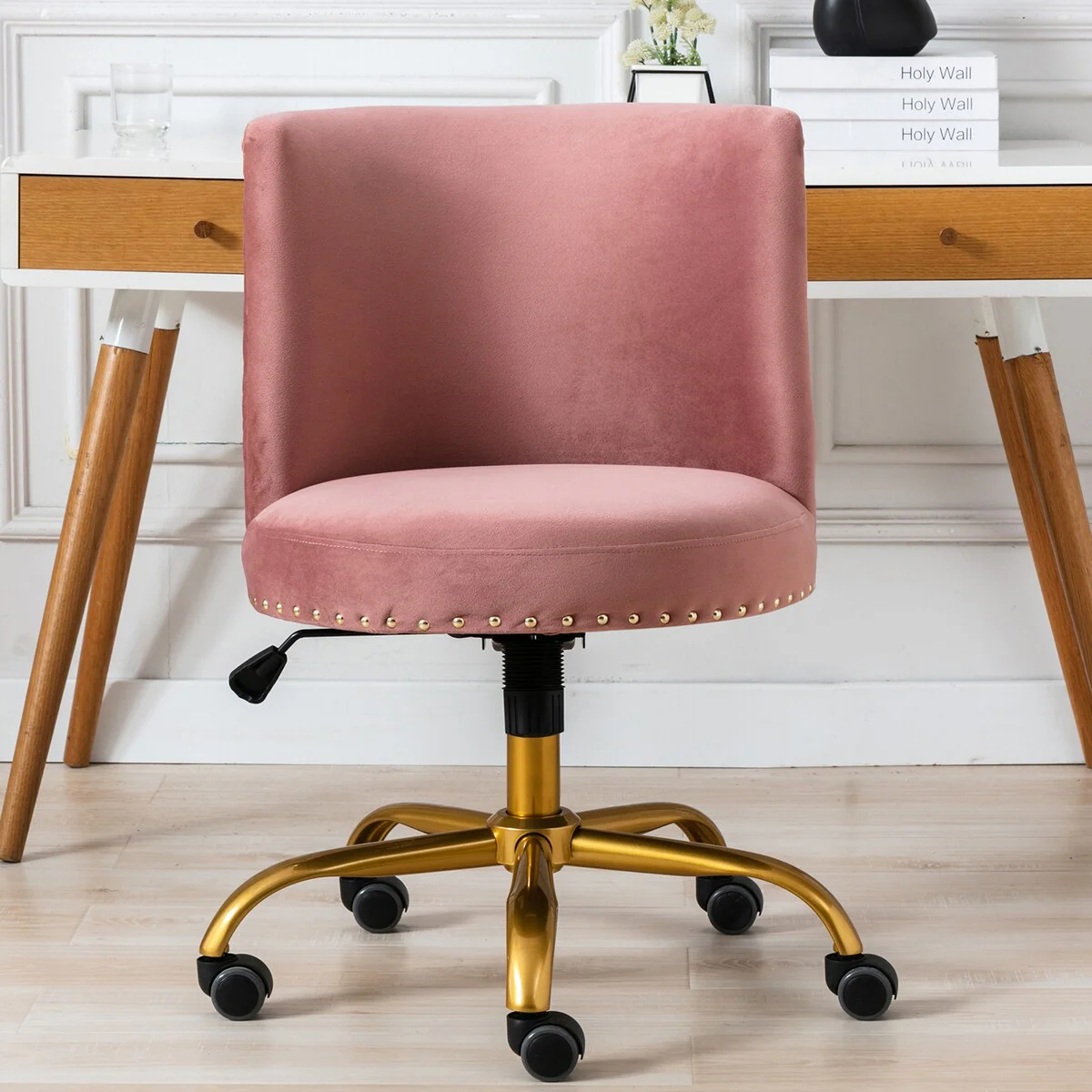 Modern Luxury Style Swivel & Adjustable Velvet Accent Chair with Nailhead Trim and Gold Finish Metal Five-Pronged Base