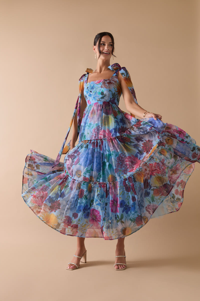 Alahna Tie Strap Light Blue Floral Maxi Dress