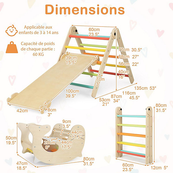 6 en 1 Toboggan Triangle escalade Montesorri Bois avec échelle Triangle Bascule Lion de Mer
