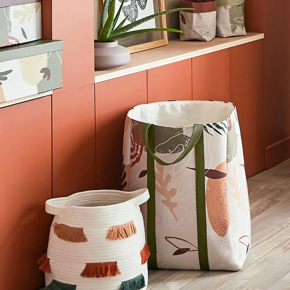 - Panier à linge avec poignées en tissu vert et rose 30x40x50cm