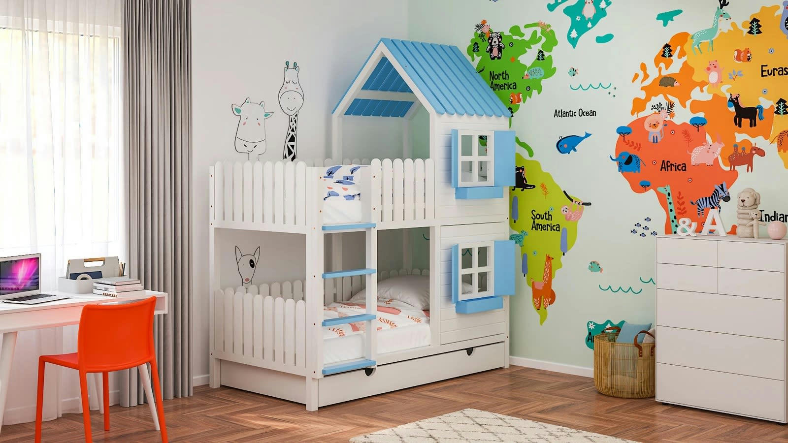 - Lit superposé en pin massif&HDF 200x90 bleu