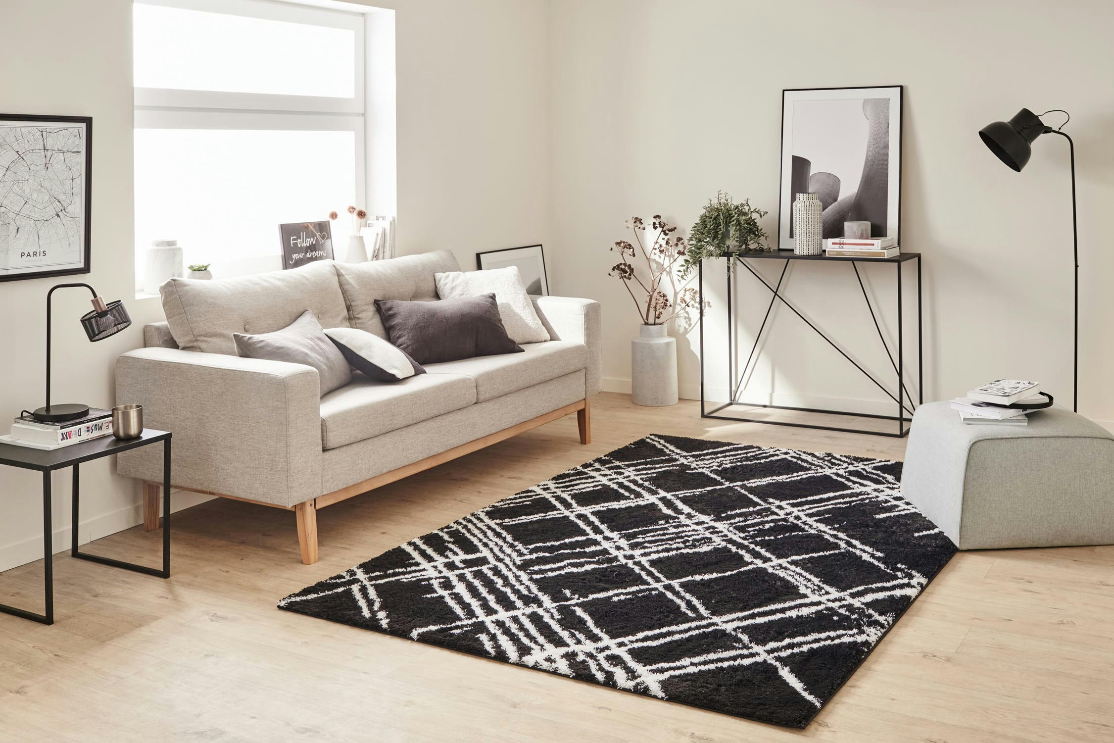 OSLO - Tapis shaggy abstrait motif géométrique noir - 200x290 cm