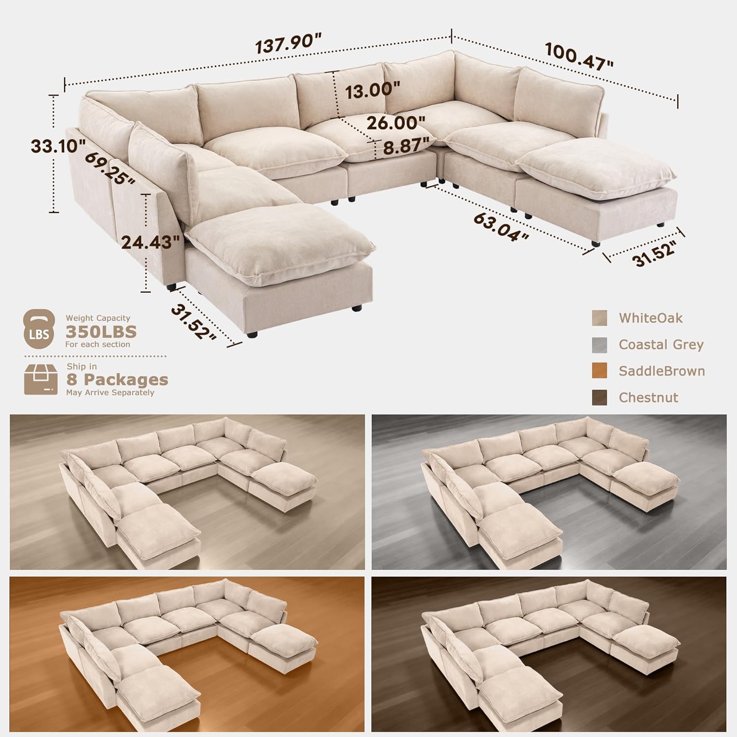 Modular Sectional Sofa, Oversized Chenille Cloud Couch, Deep Comfy Seat, 8-Seater Sofas Couches for Living Room, Beige | Premium Chenille, Without Compress, Oversized, Cloud Comfort, Thick Cushions