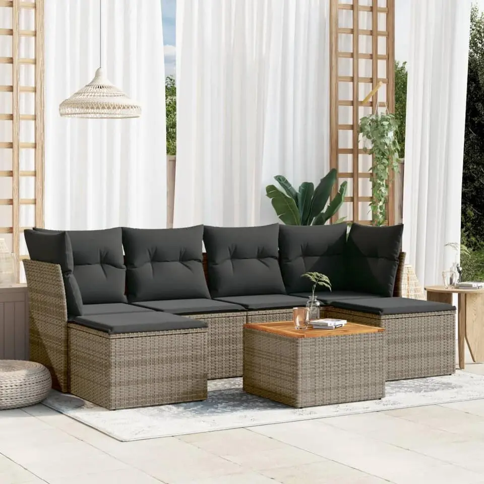 vidaXL Loungeset met kussens & hout salontafel - Grijs - Poly rattan - 7 stuks