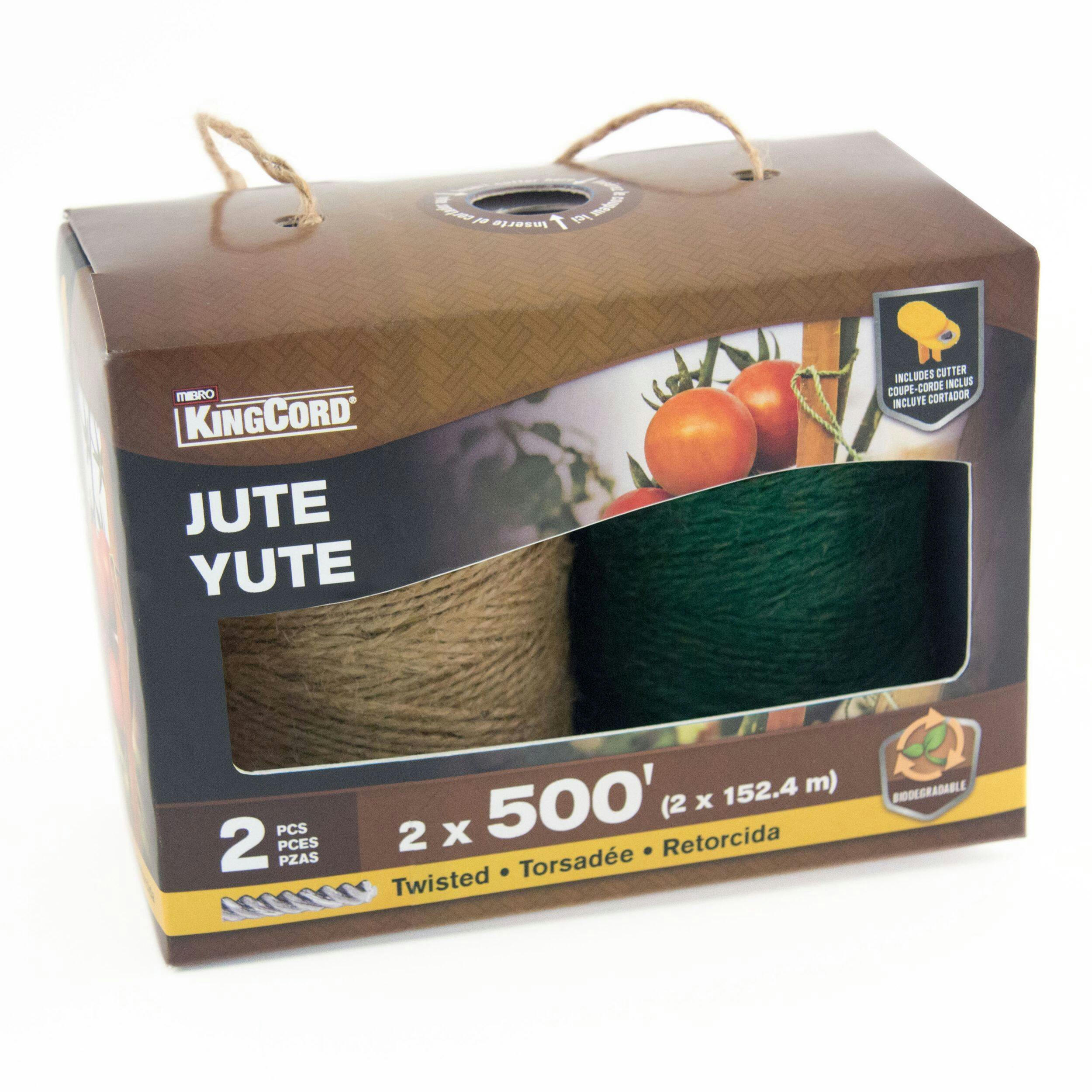 KingCord Jute Twin Pack, For Home and Garden, Twine Cutter Included, 500-ft