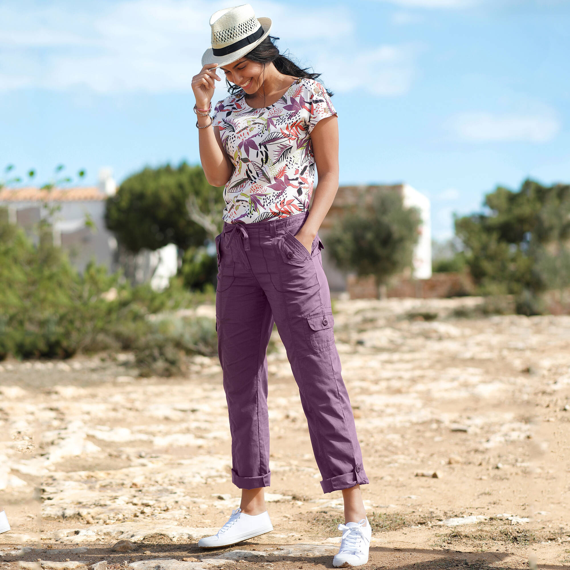 T-shirt col rond imprimé tropical