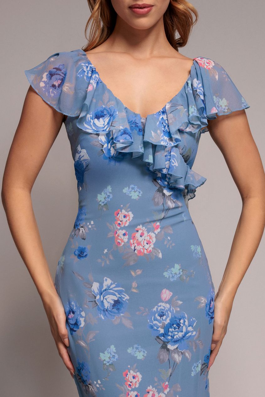 Goddiva Floral Printed Chiffon Ruffle Maxi