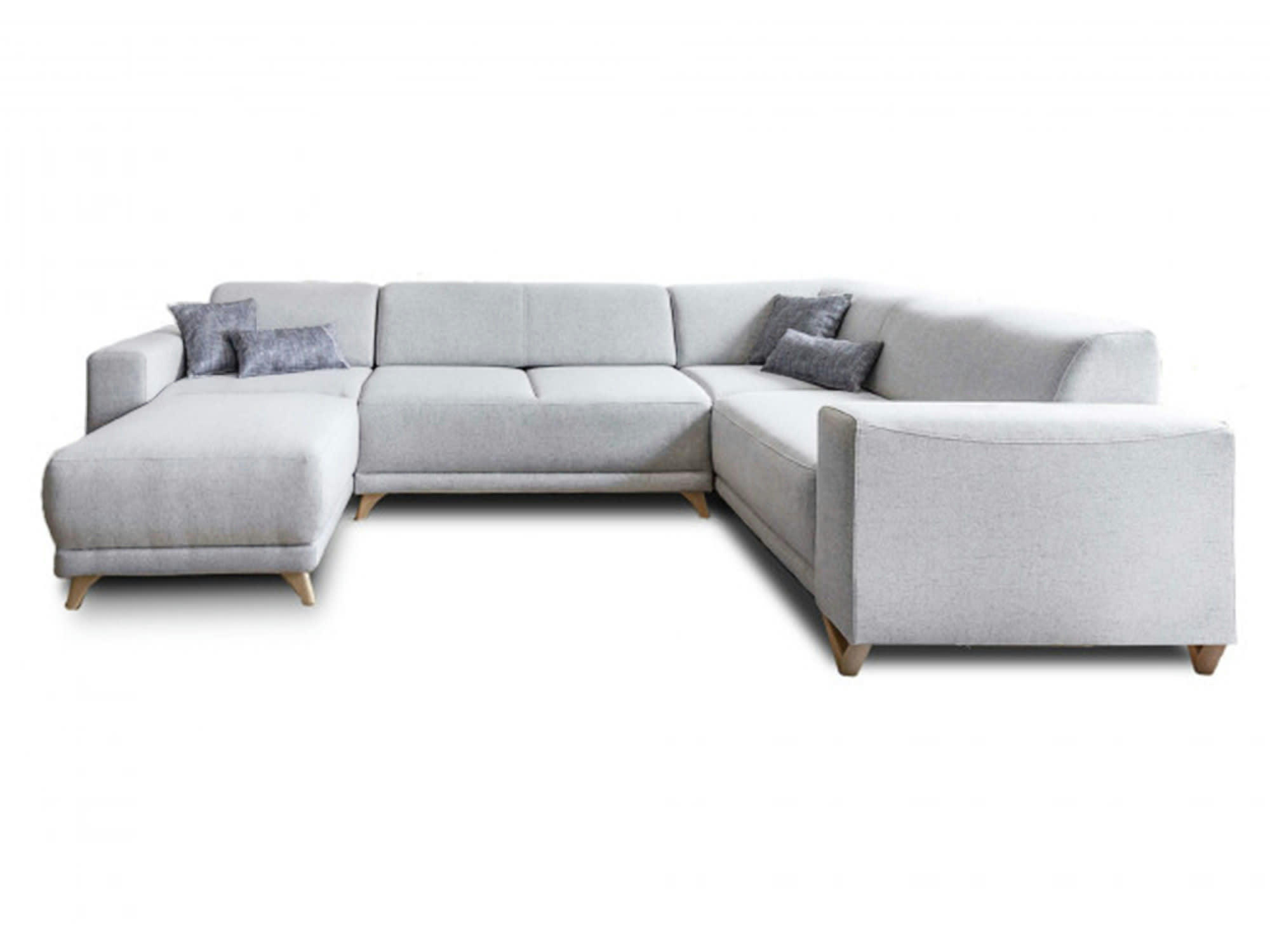 BELLA - Canapé panoramique 7 places angle droit en tissu gris clair