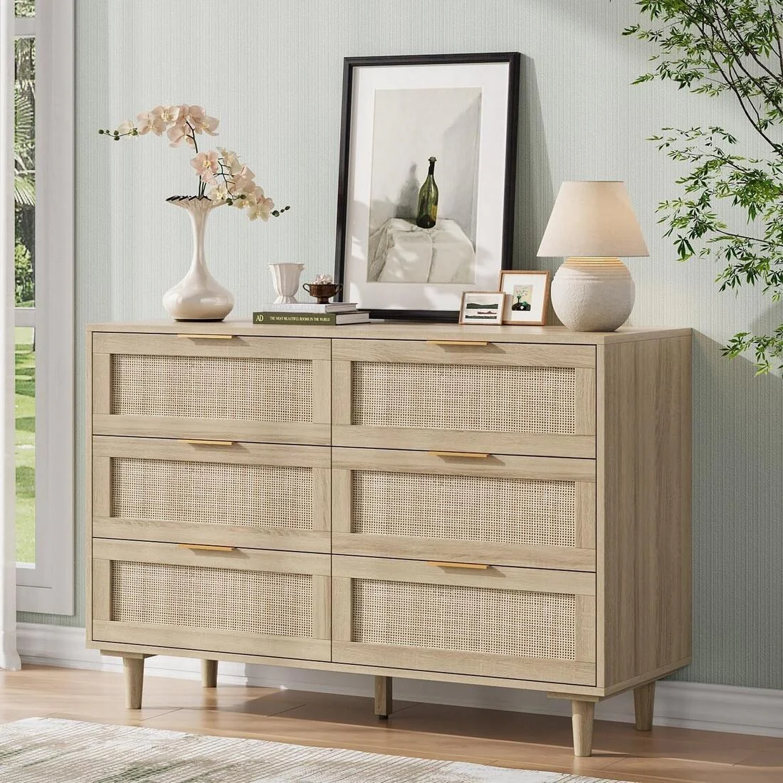 Rattan Double Dresser with 6 Drawers, Floor Standing Storage Wardrobe, Accent Cabinet with Metal Handles and Wood Legs
