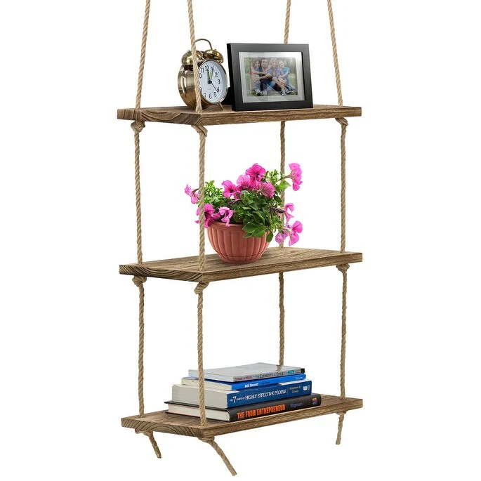 Wood Hanging Shelf 3-Tier Rustic Swing Storage Shelves Organizer Rack