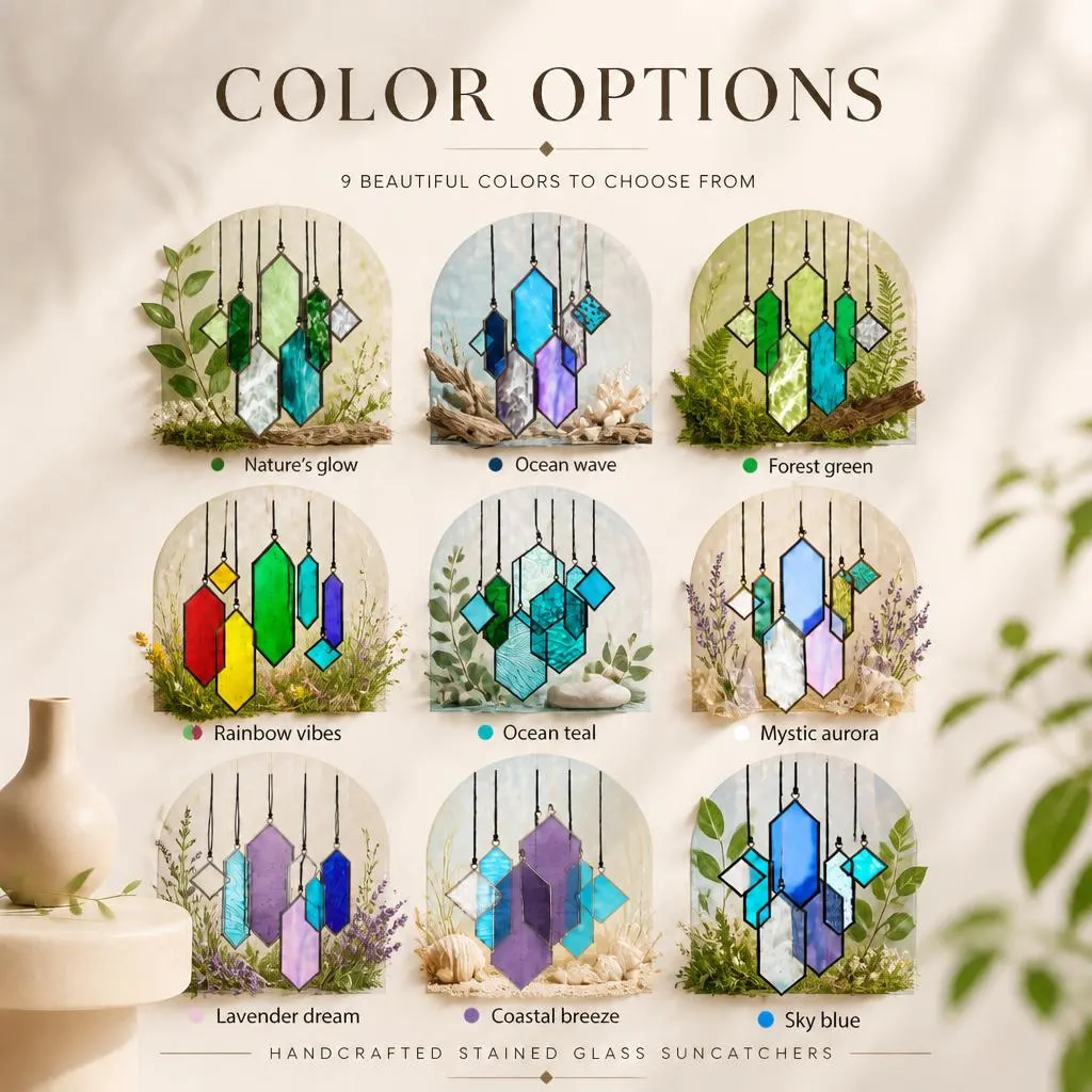 Handmade Adjustable Height Geometric Glass Suncatcher Wind Chime,Modern Window Stained Glass Hanging,Patio Garden Ornament,Housewarming Gift