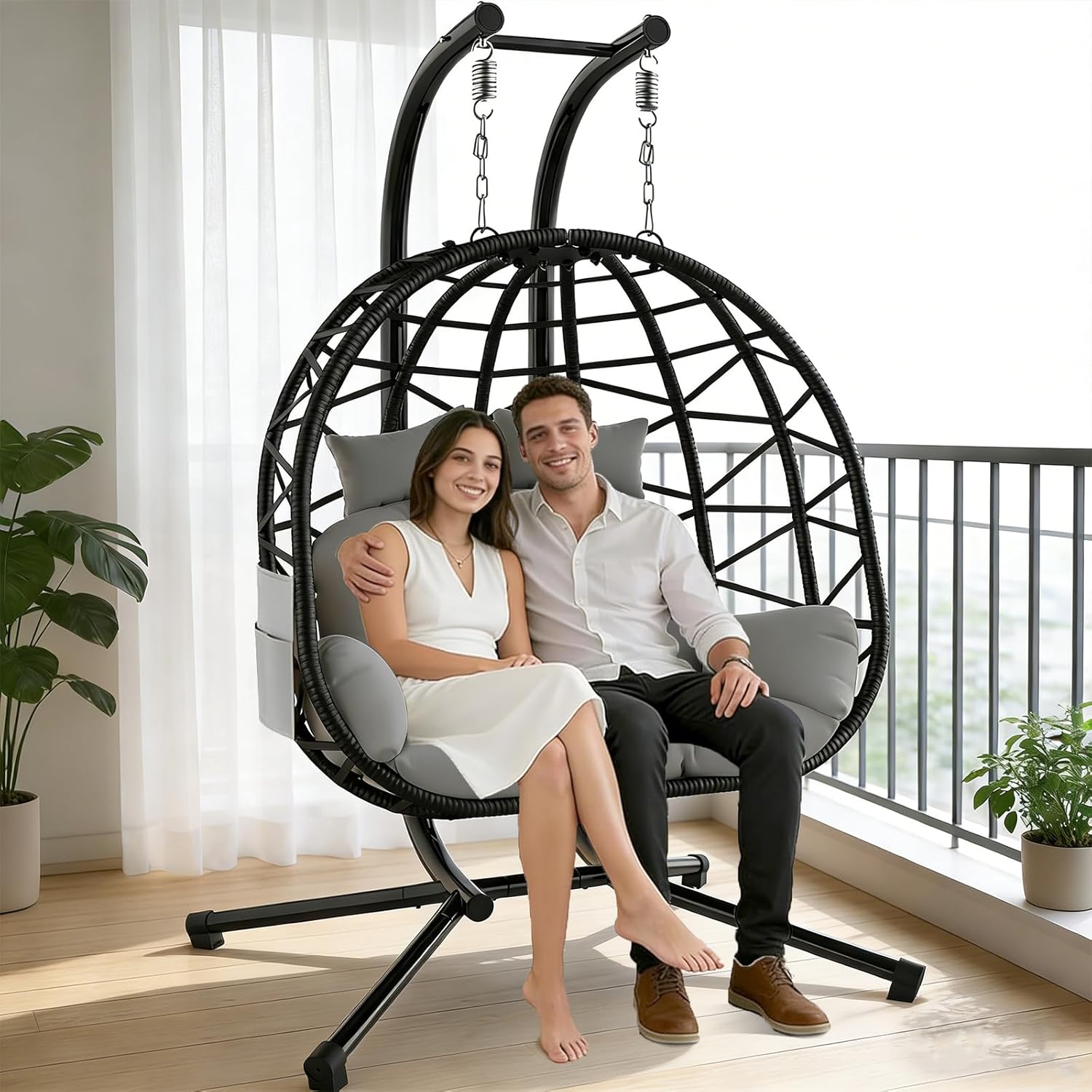 Suteck Double Hanging Egg Chair with Stand, Outdoor Indoor 2 Person Wicker Egg Swing Chair with Cushion, 700lbs Capacity for Patio, Bedroom, Garden - Black