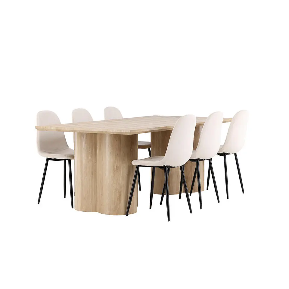 Hioshop Olivia eethoek tafel 100x210cm en 6 velours stoelen naturel