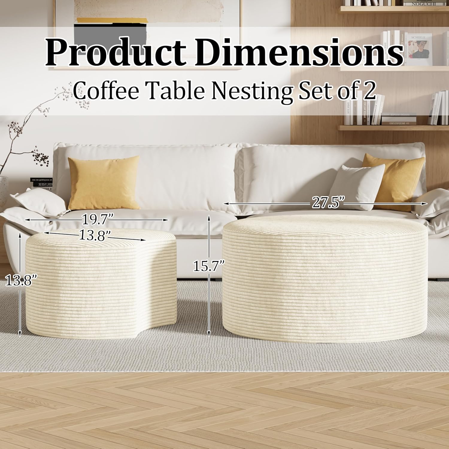 Round Nesting Coffee Table Set of 2,Upholstered Foam Ottoman Footrest Side Table Set,Modern Flannel Circle Coffee Table No Assembly for Living Room Entryway Bedroom,Beige