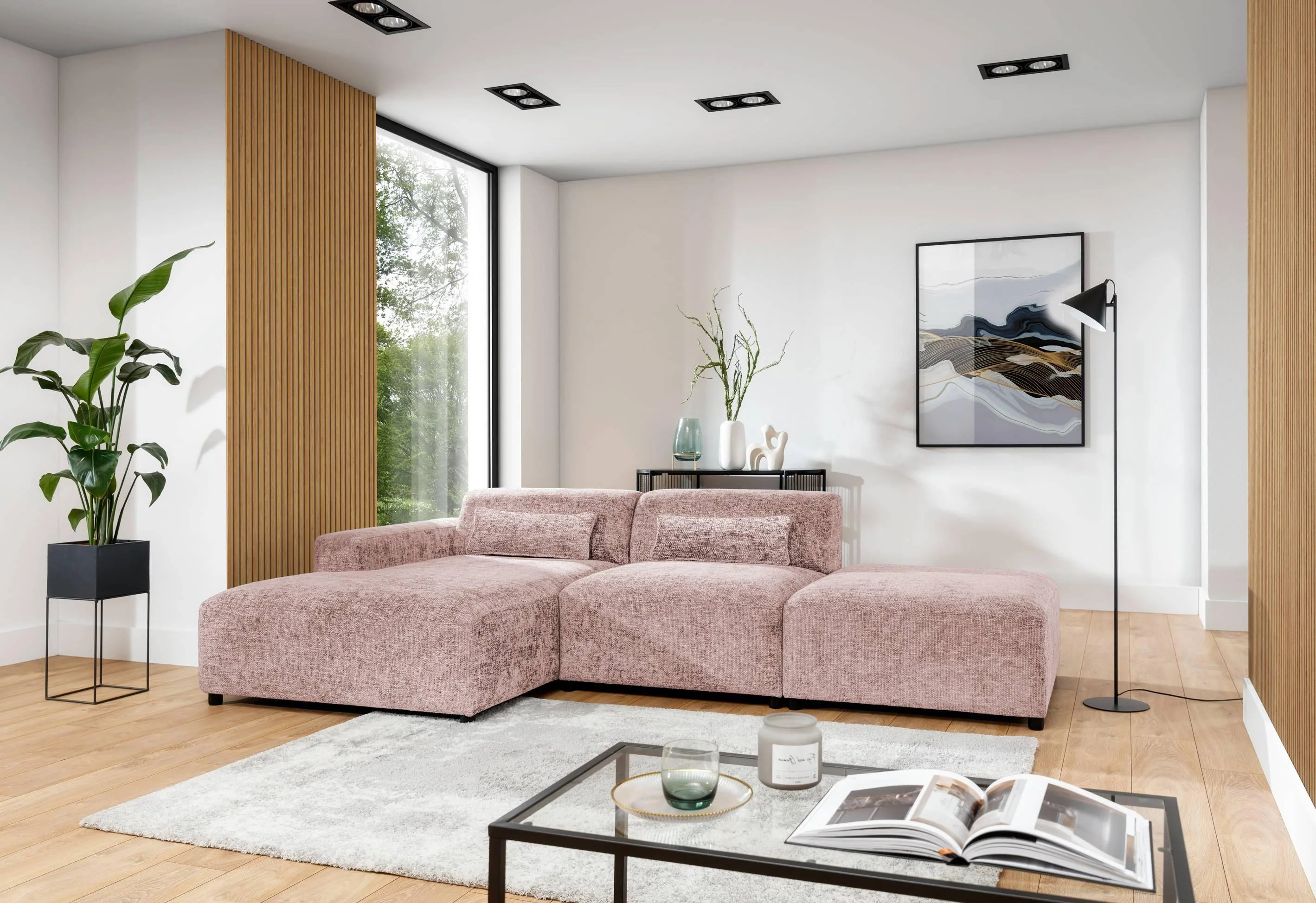 Hoekbank Rizza chenille links met hocker